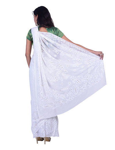 Chhangamal Hand Embroidered Pure Georgette White Color Chikankari Saree