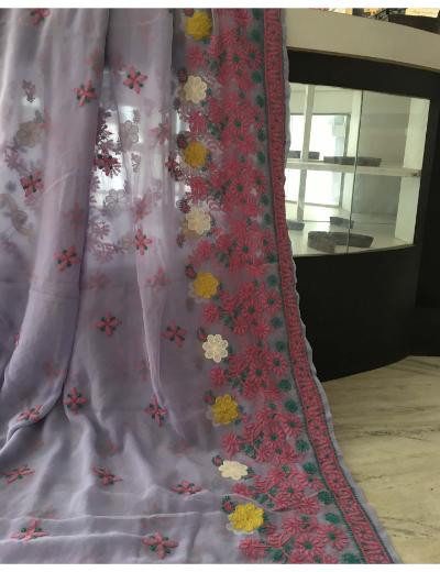 Chhangamal Hand Embroidered Purple Colour Georgette Chikankari Saree