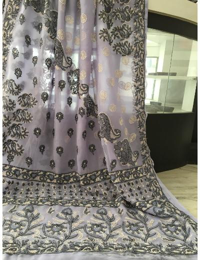 Chhangamal Hand Embroidered Purple Colour Georgette Chikankari Saree