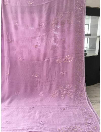 Chhangamal Hand Embroidered Purple Colour Pure Georgette  Chikankari Saree Piece