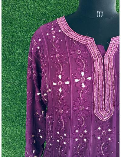 Chhangamal Hand Embroidered Purple Colour Pure Georgette Chikankari Anaarkali Kurti