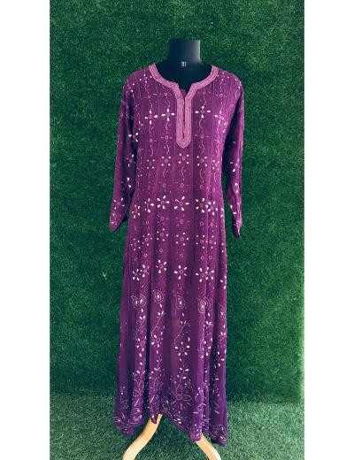 Chhangamal Hand Embroidered Purple Colour Pure Georgette Chikankari Anaarkali Kurti