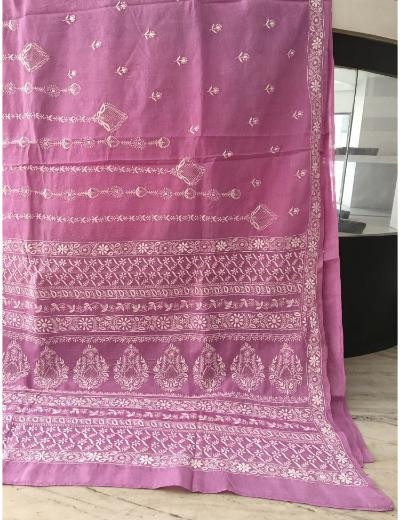 Chhangamal Hand Embroidered Purple Colour Tussar Slik Chikankari Saree