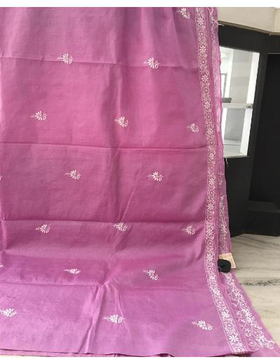 Chhangamal Hand Embroidered Purple Colour Tussar Slik Chikankari Saree
