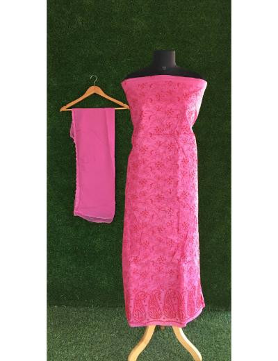 Chhangamal Hand Embroidered Rani Pink Colour Silk Chikankari Suit Length