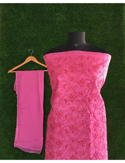 Chhangamal Hand Embroidered Rani Pink Colour Silk Chikankari Suit Length