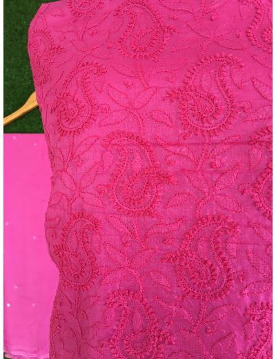 Chhangamal Hand Embroidered Rani Pink Colour Silk Chikankari Suit Length