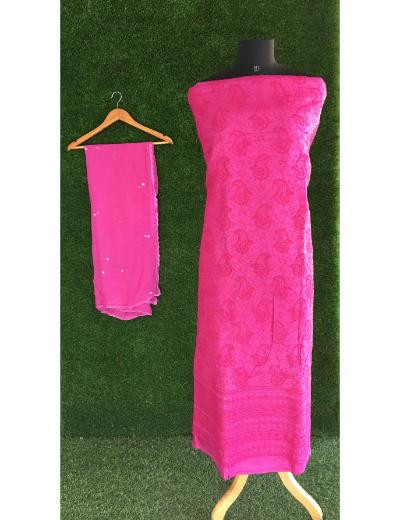 Chhangamal Hand Embroidered Rani Pink Colour Silk Chikankari Suit Length