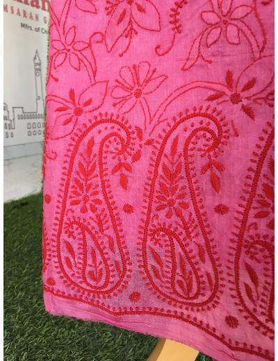 Chhangamal Hand Embroidered Rani Pink Colour Silk Chikankari Suit Length