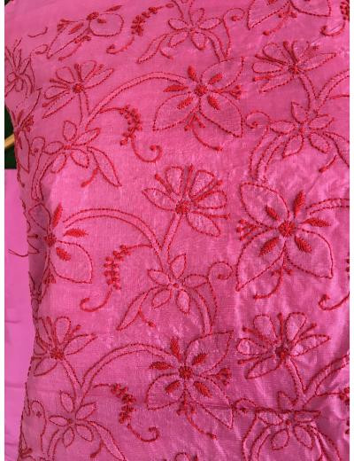Chhangamal Hand Embroidered Rani Pink Colour Silk Chikankari Suit Length