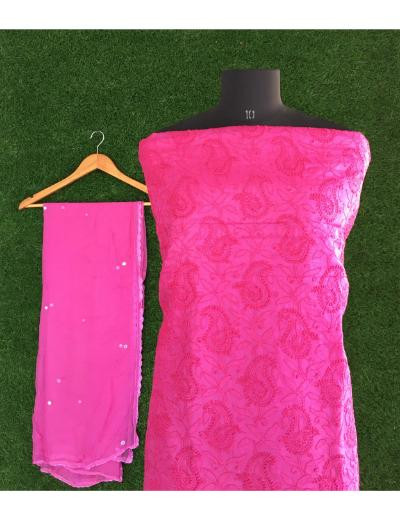 Chhangamal Hand Embroidered Rani Pink Colour Silk Chikankari Suit Length