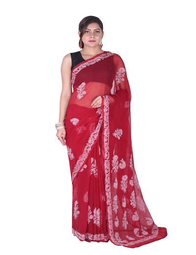 Chhangamal Hand Embroidered Red Chikankari Faux Georgette Saree