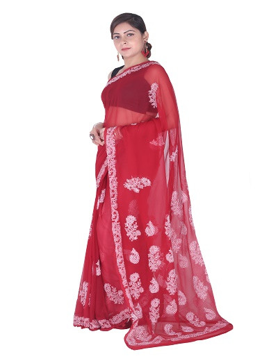 Chhangamal Hand Embroidered Red Chikankari Faux Georgette Saree