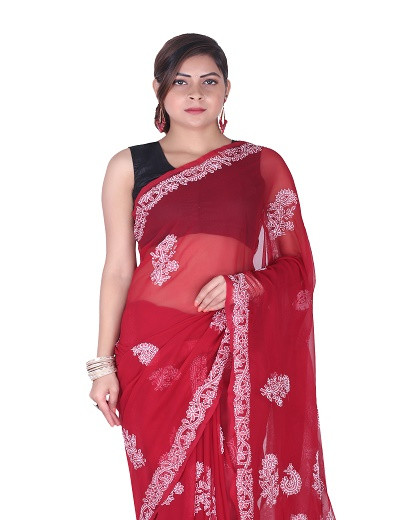 Chhangamal Hand Embroidered Red Chikankari Faux Georgette Saree