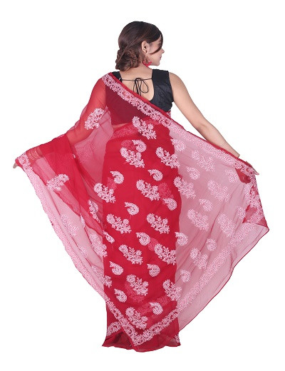 Chhangamal Hand Embroidered Red Chikankari Faux Georgette Saree
