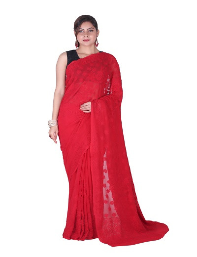 Chhangamal Hand Embroidered Red Chikankari Georgette Saree