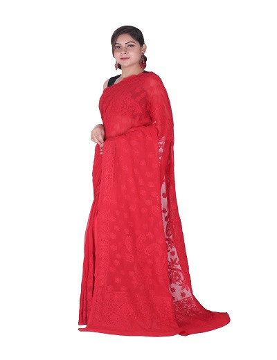 Chhangamal Hand Embroidered Red Chikankari Georgette Saree