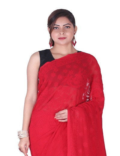 Chhangamal Hand Embroidered Red Chikankari Georgette Saree