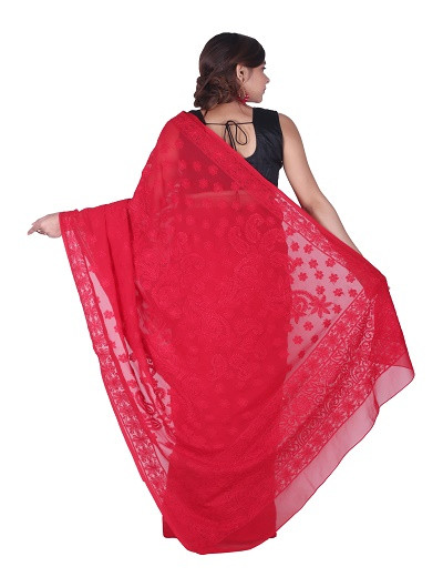 Chhangamal Hand Embroidered Red Chikankari Georgette Saree