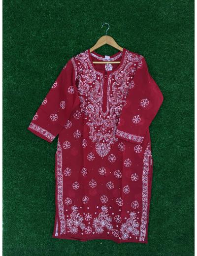 Chhangamal Hand Embroidered Red Colour Cotton Chikankari Kurti