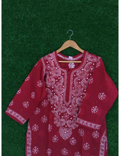 Chhangamal Hand Embroidered Red Colour Cotton Chikankari Kurti