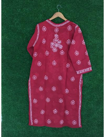 Chhangamal Hand Embroidered Red Colour Cotton Chikankari Kurti