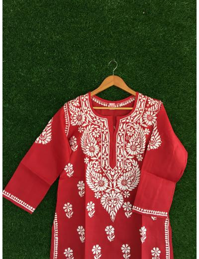 Chhangamal Hand Embroidered Red Colour Cotton Chikankari Kurti