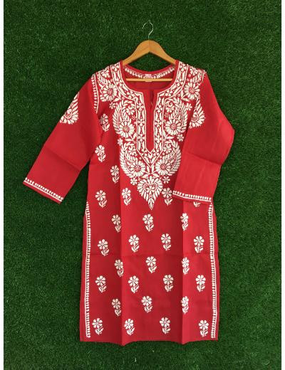 Chhangamal Hand Embroidered Red Colour Cotton Chikankari Kurti
