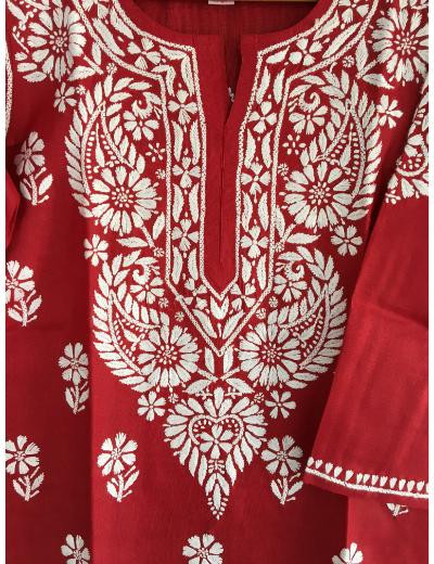 Chhangamal Hand Embroidered Red Colour Cotton Chikankari Kurti