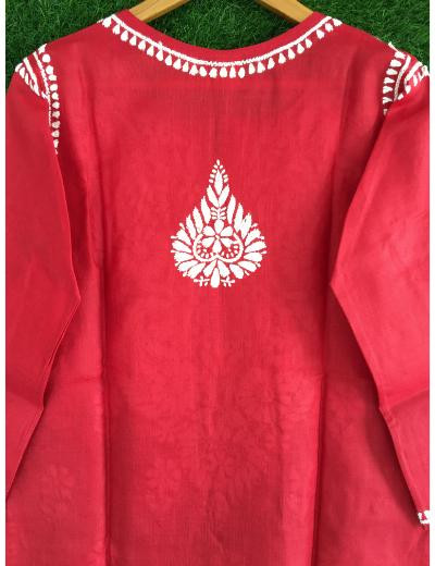 Chhangamal Hand Embroidered Red Colour Cotton Chikankari Kurti