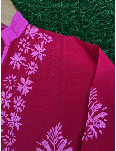 Chhangamal Hand Embroidered Red Colour Cotton Chikankari Kurti