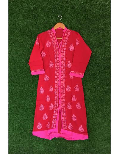 Chhangamal Hand Embroidered Red Colour Cotton Chikankari Kurti