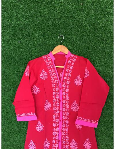 Chhangamal Hand Embroidered Red Colour Cotton Chikankari Kurti