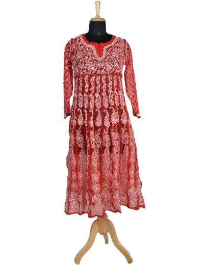 Chhangamal Hand Embroidered Red Colour Faux Georgette Chikankari Anarkali Kurti