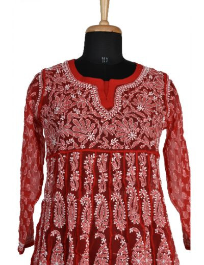 Chhangamal Hand Embroidered Red Colour Faux Georgette Chikankari Anarkali Kurti
