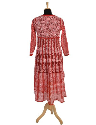 Chhangamal Hand Embroidered Red Colour Faux Georgette Chikankari Anarkali Kurti