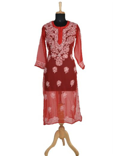 Chhangamal Hand Embroidered Red Colour Faux Georgette Chikankari Kurti 0523