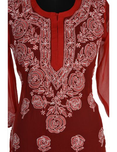 Chhangamal Hand Embroidered Red Colour Faux Georgette Chikankari Kurti 0523