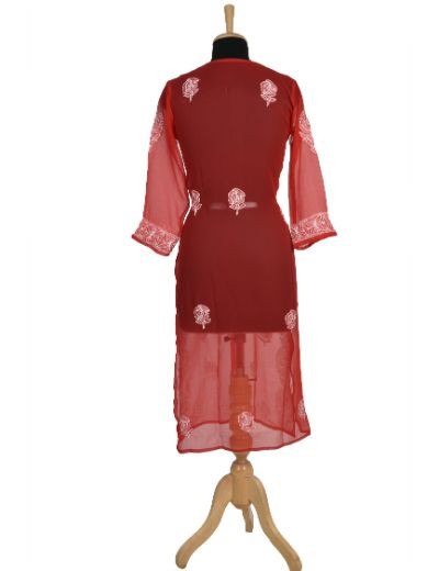 Chhangamal Hand Embroidered Red Colour Faux Georgette Chikankari Kurti 0523