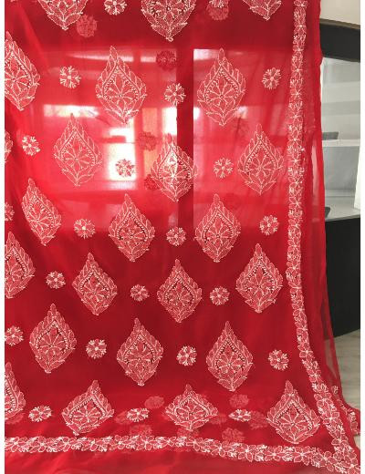 Chhangamal Hand Embroidered Red Colour Georgette  Chikankari Saree Piece