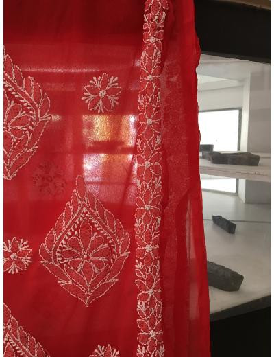 Chhangamal Hand Embroidered Red Colour Georgette  Chikankari Saree Piece