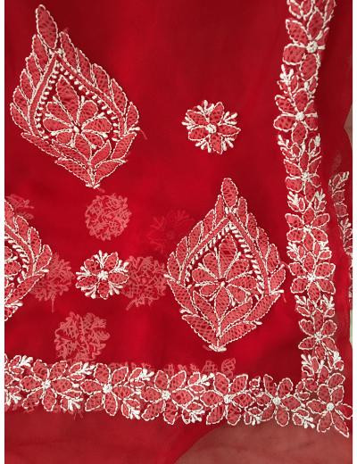 Chhangamal Hand Embroidered Red Colour Georgette  Chikankari Saree Piece