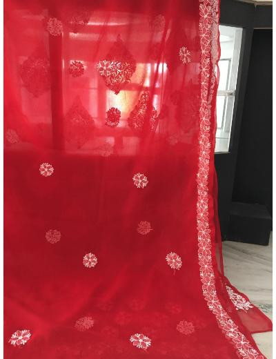 Chhangamal Hand Embroidered Red Colour Georgette  Chikankari Saree Piece