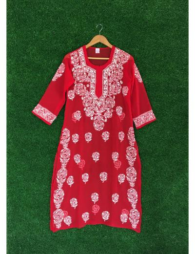 Chhangamal Hand Embroidered Red Colour Georgette Chikankari kurti
