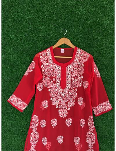 Chhangamal Hand Embroidered Red Colour Georgette Chikankari kurti