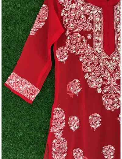 Chhangamal Hand Embroidered Red Colour Georgette Chikankari kurti