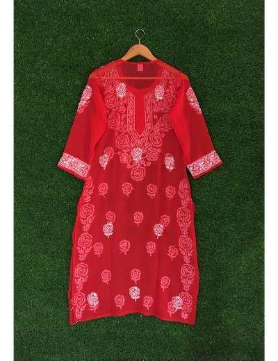 Chhangamal Hand Embroidered Red Colour Georgette Chikankari kurti