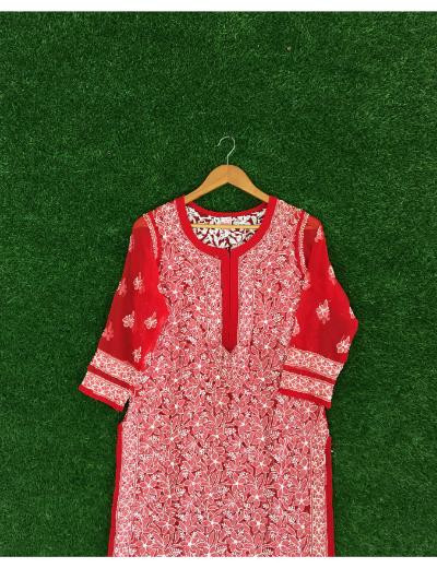 Chhangamal Hand Embroidered Red Colour Georgette Chikankari Kurti Piece
