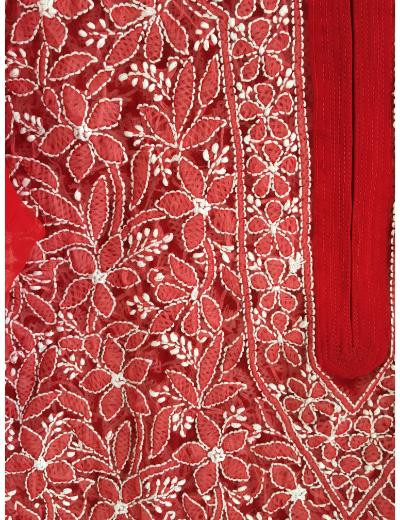 Chhangamal Hand Embroidered Red Colour Georgette Chikankari Kurti Piece