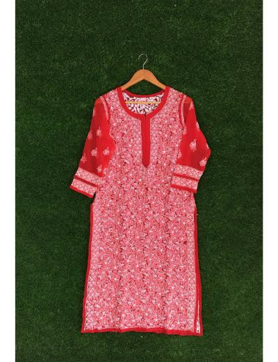 Chhangamal Hand Embroidered Red Colour Georgette Chikankari Kurti Piece